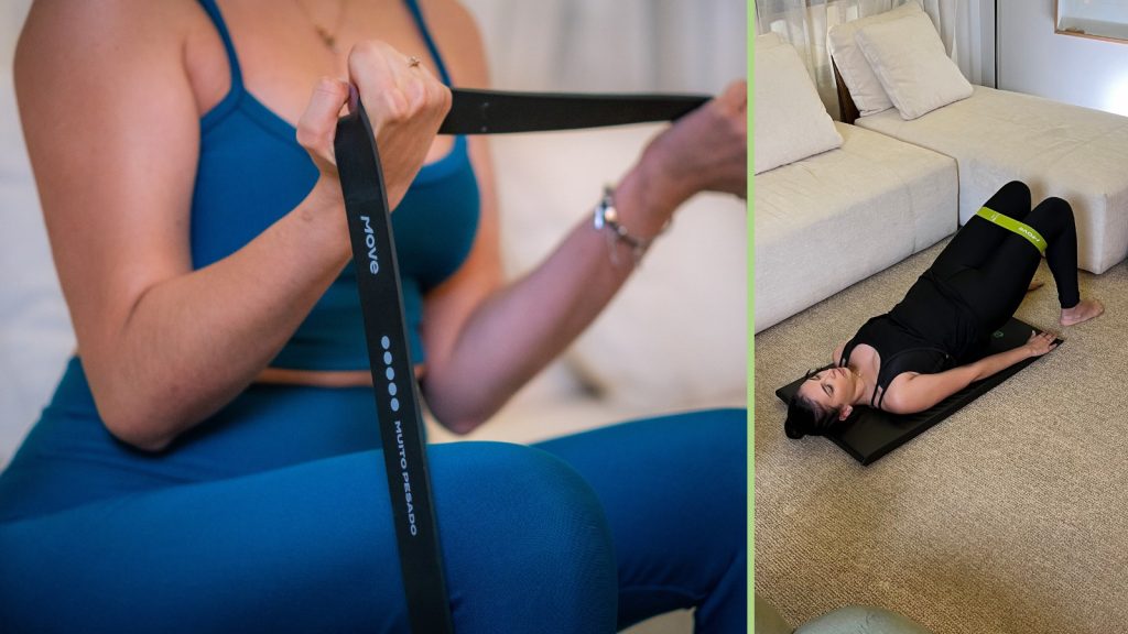 Mulheres demonstrando exercícios que podem ser utilizados com uso de elástico extensor