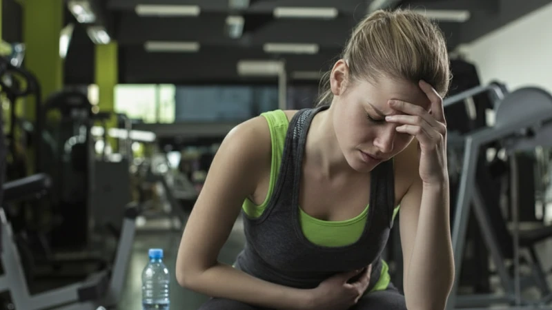 Mulher sentada na academia com expressão de exaustão e a mão na testa, ilustrando sinais de overtraining após treino intenso.