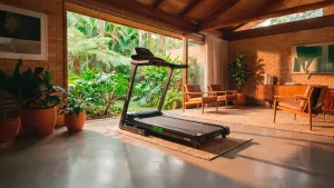 Esteira em sala ampla e iluminada, em ambiente residencial cercado por plantas, ideal para caminhar ou correr em casa.