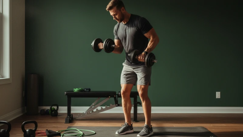 Homem realizando treino de hipertrofia com halteres em ambiente interno de musculação