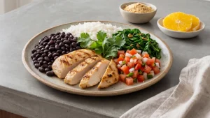 Prato com alimentos com proteína, incluindo frango grelhado, feijão preto, arroz, couve refogada e vinagrete.